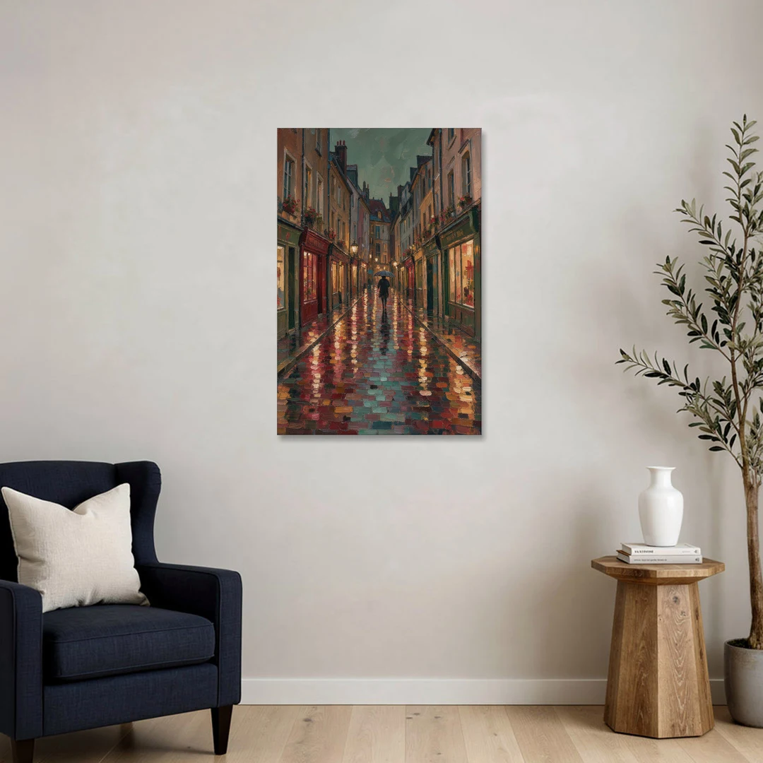 Burgundy Wall Decor of a Rainy Cobblestone Lane - Canvas Wall Art - Sofa - 24x36