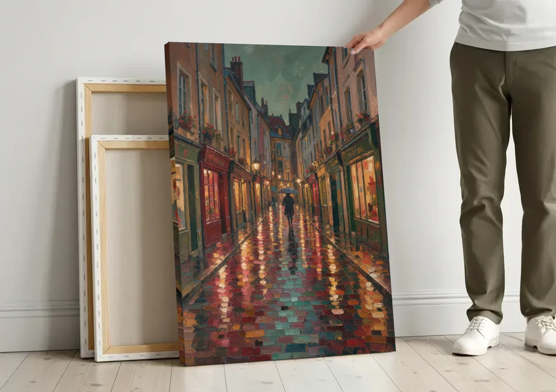 Burgundy Wall Decor of a Rainy Cobblestone Lane canvas wall art leaning against a wall next to blank canvases