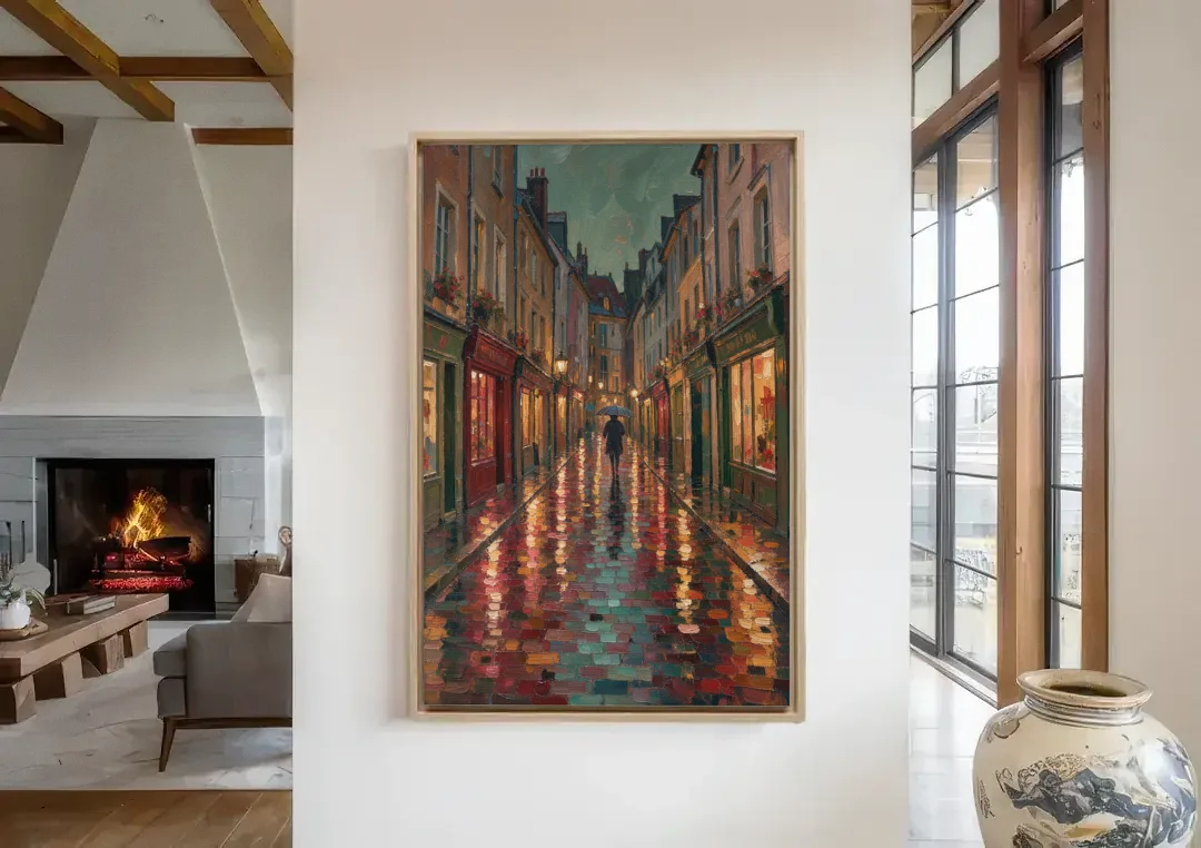 Burgundy Wall Decor of a Rainy Cobblestone Lane canvas wall art in a living room with a fireplace