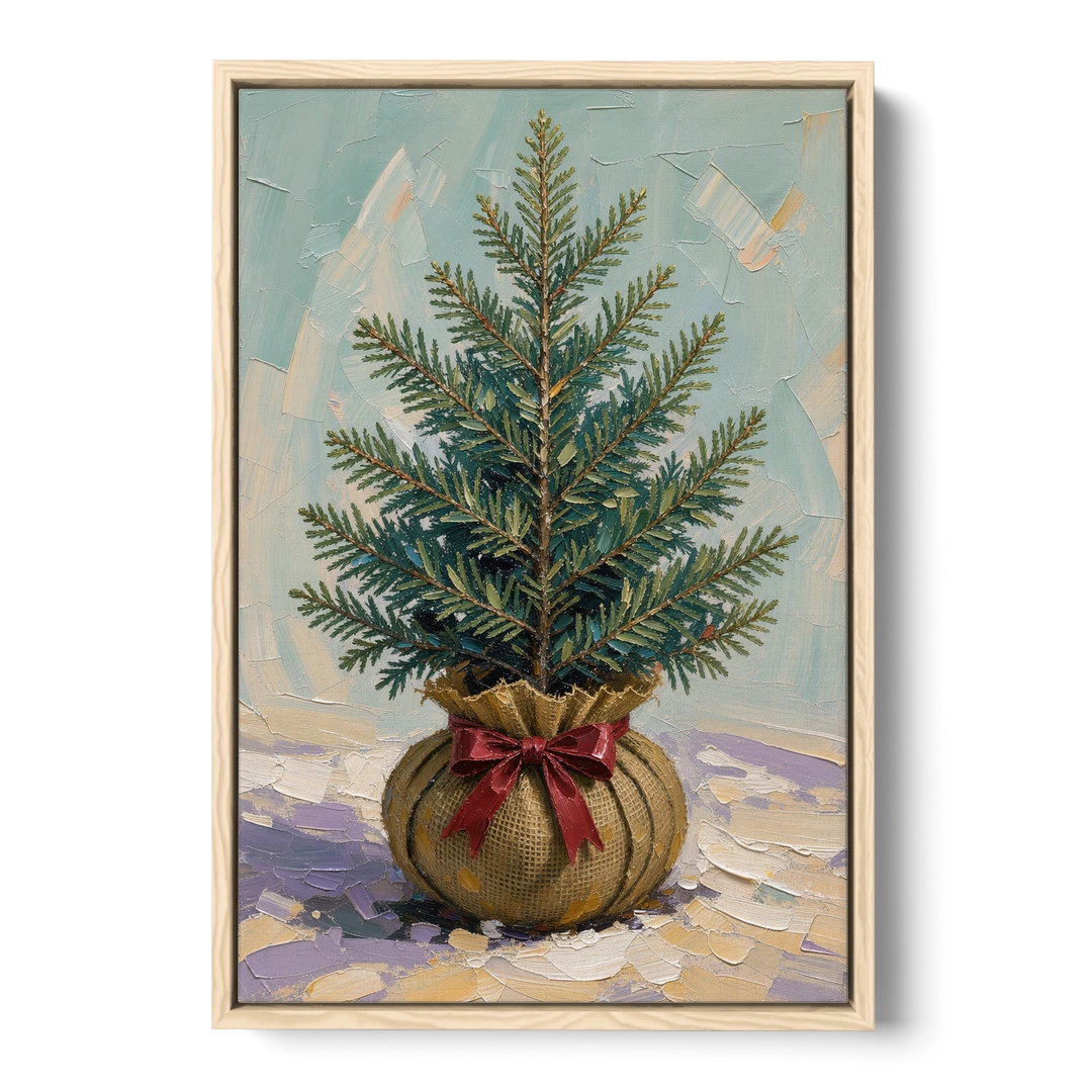 Seasonal Burlap-Wrapped Living Fir - Oak Framed Canvas Wall Art - Front