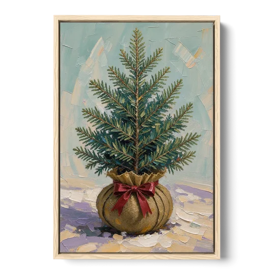 Seasonal Burlap-Wrapped Living Fir - Oak Framed Canvas Wall Art - Front