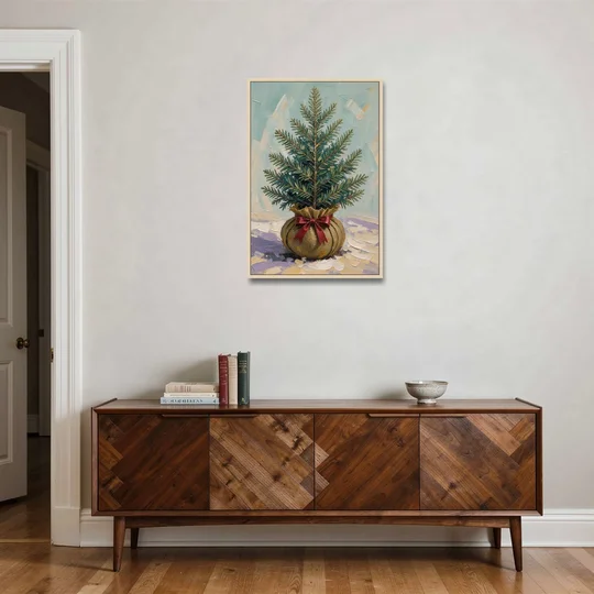 Seasonal Burlap-Wrapped Living Fir - Oak Framed Canvas Wall Art - Coffee Table - 24x36