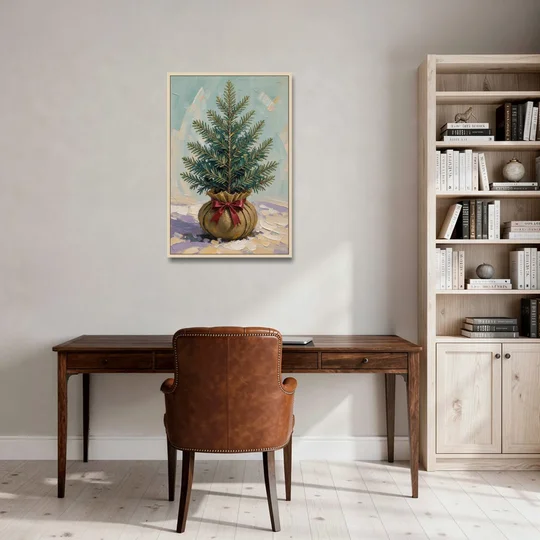 Seasonal Burlap-Wrapped Living Fir - Oak Framed Canvas Wall Art - Office - 24x36