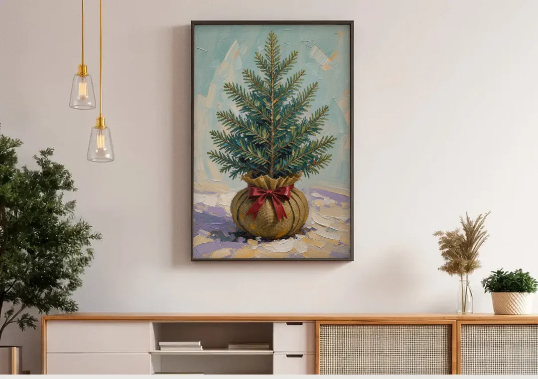 Seasonal Burlap-Wrapped Living Fir canvas wall art above a wooden sideboard under pendant lights