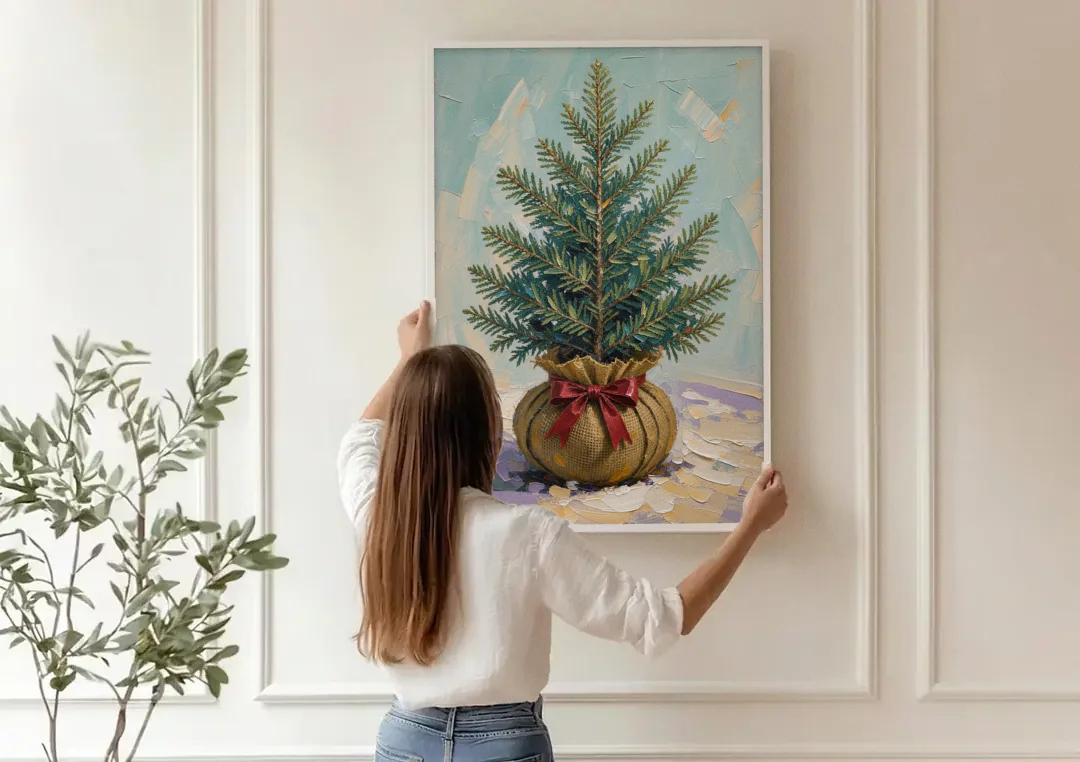 Seasonal Burlap-Wrapped Living Fir canvas wall art being hung on a paneled wall