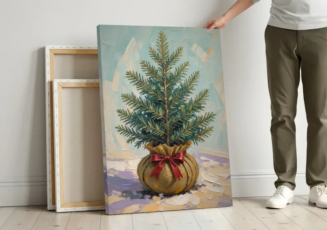 Seasonal Burlap-Wrapped Living Fir canvas wall art leaning against a wall next to blank canvases