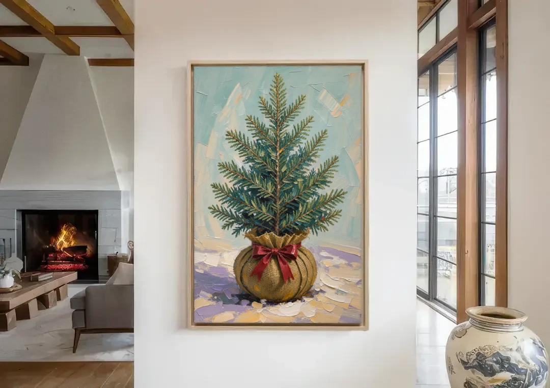 Seasonal Burlap-Wrapped Living Fir canvas wall art in a living room with a fireplace