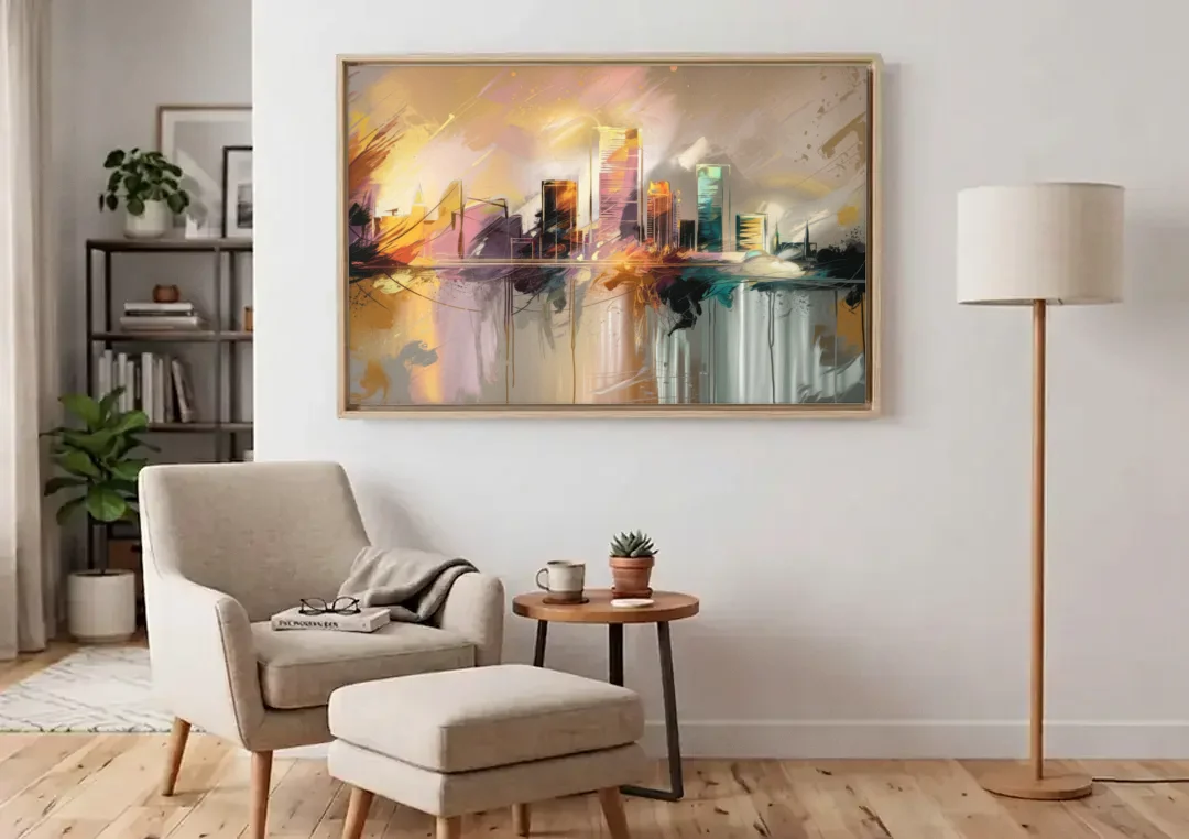 Burlington Artistic Cityscape canvas wall art above an armchair in a bright living room