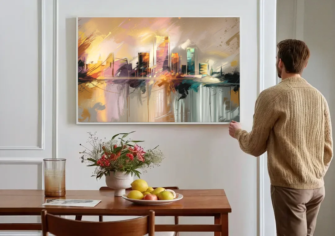 Burlington Artistic Cityscape canvas wall art above a dining table