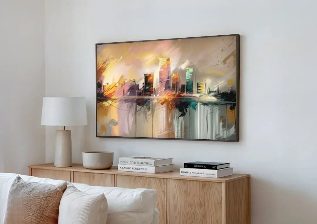 Burlington Artistic Cityscape canvas wall art above a wooden sideboard next to a sofa