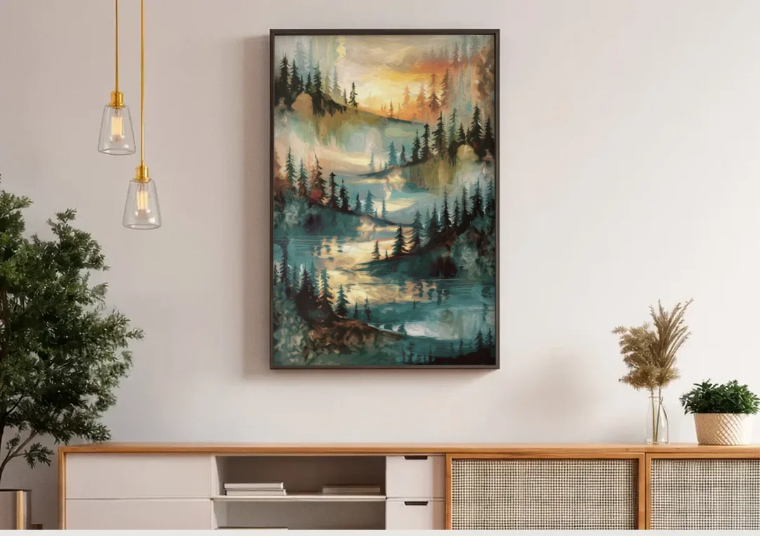 Burlington Captivating Landscapes canvas wall art above a wooden sideboard under pendant lights