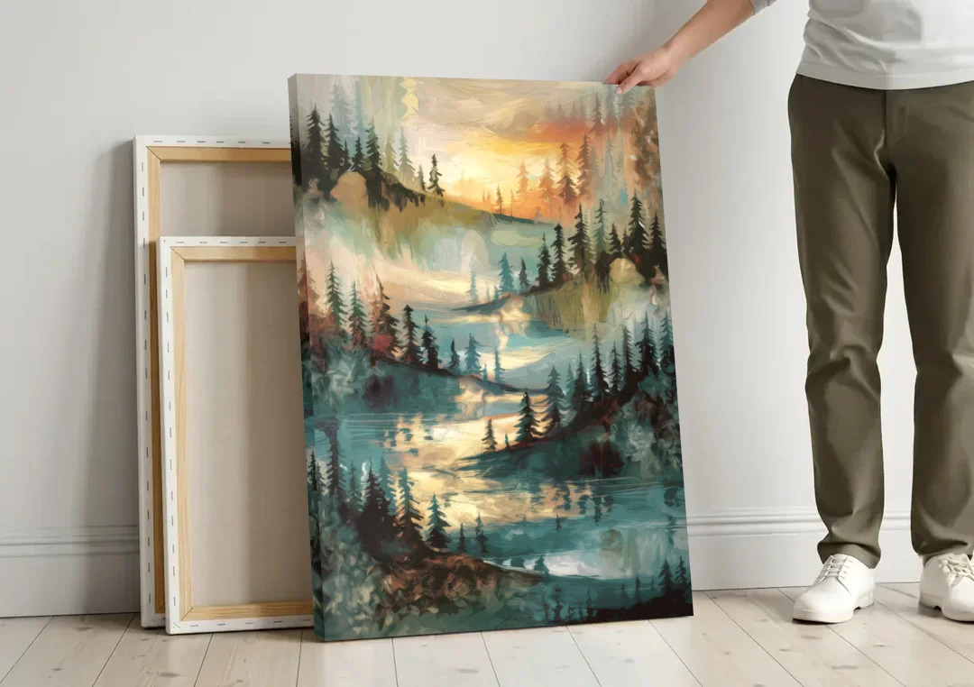 Burlington Captivating Landscapes canvas wall art leaning against a wall next to blank canvases