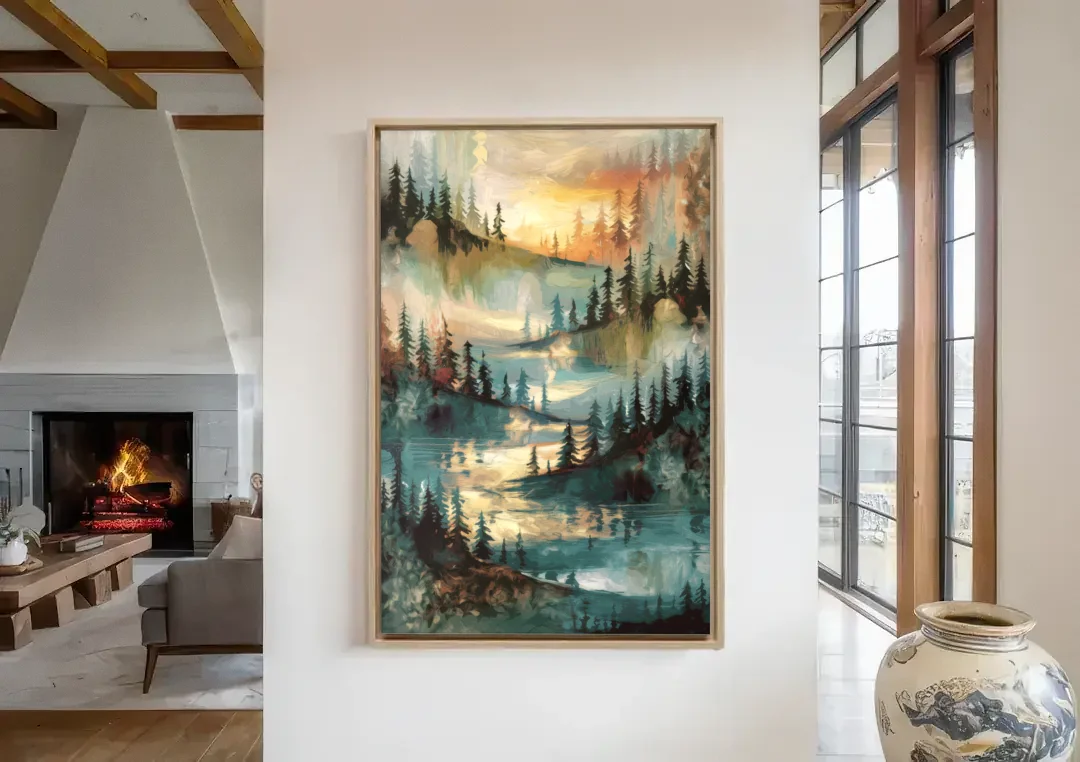 Burlington Captivating Landscapes canvas wall art in a living room with a fireplace