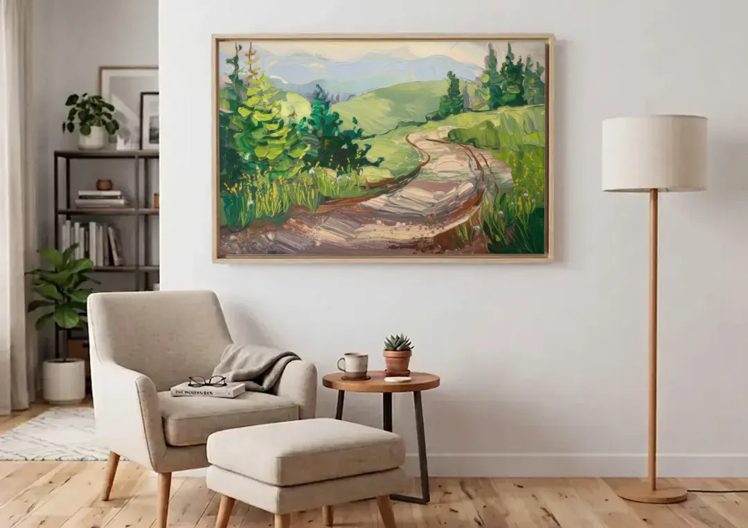 Burlington Green Mountain Trails canvas wall art above an armchair in a bright living room