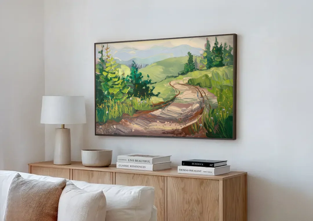 Burlington Green Mountain Trails canvas wall art above a wooden sideboard next to a sofa