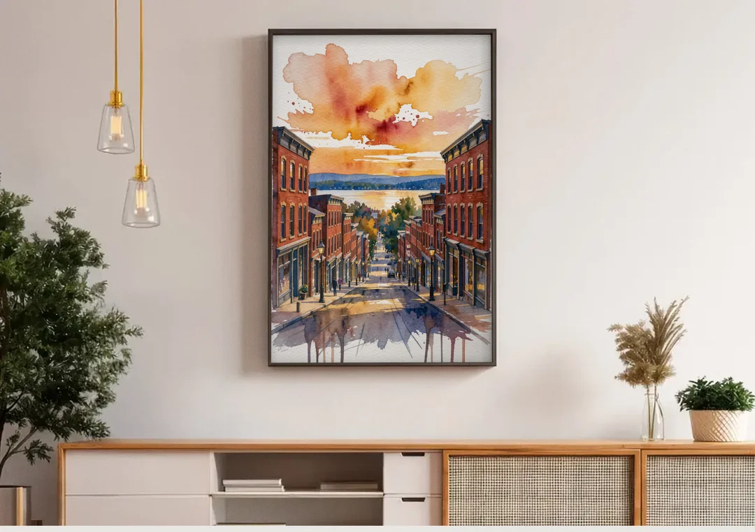 Burlington Historic Downtown canvas wall art above a wooden sideboard under pendant lights