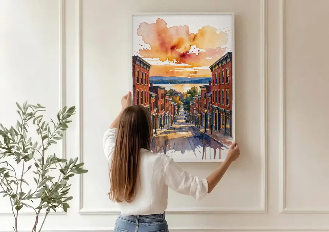 Burlington Historic Downtown canvas wall art being hung on a paneled wall