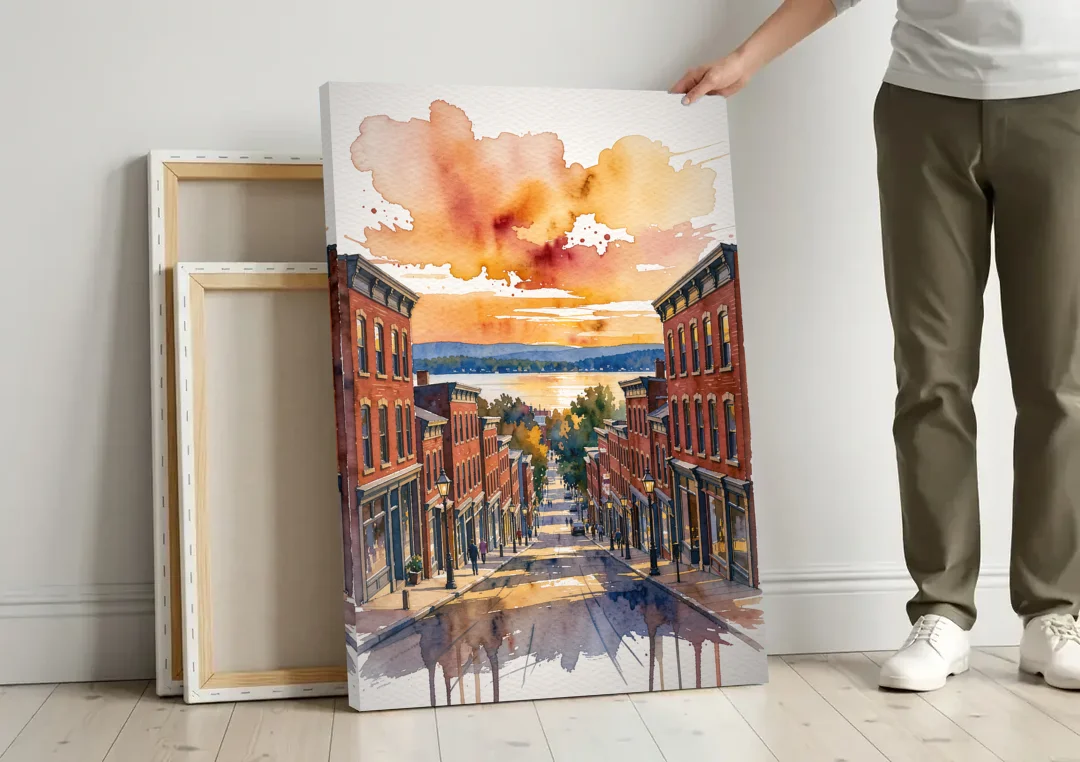 Burlington Historic Downtown canvas wall art leaning against a wall next to blank canvases