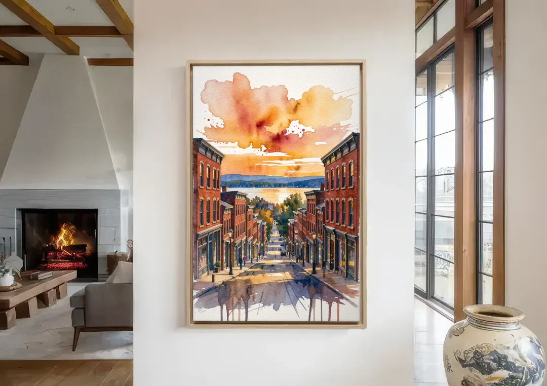 Burlington Historic Downtown canvas wall art in a living room with a fireplace