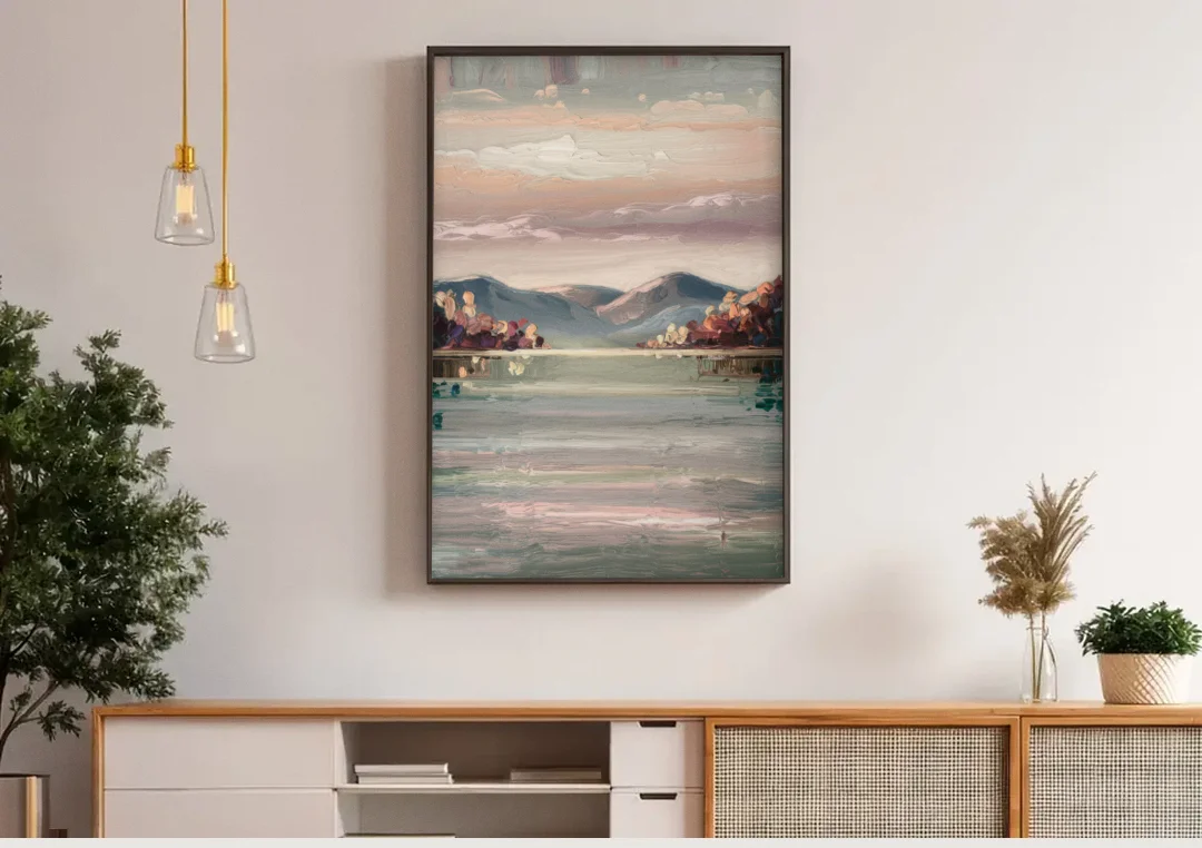 Burlington Lake Champlain Serenity canvas wall art above a wooden sideboard under pendant lights