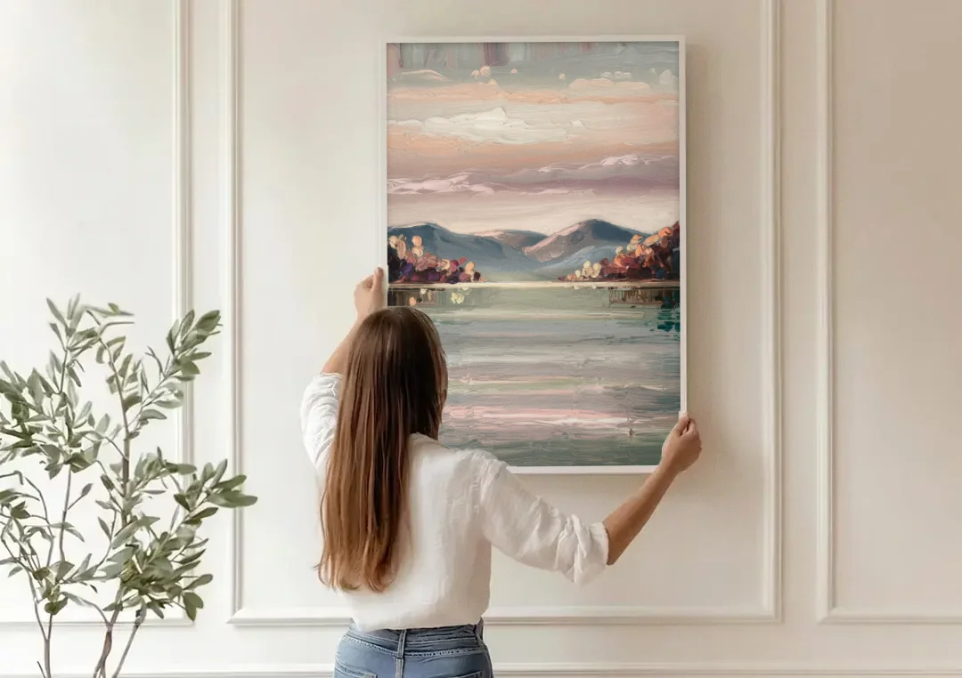 Burlington Lake Champlain Serenity canvas wall art being hung on a paneled wall