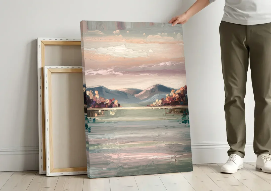 Burlington Lake Champlain Serenity canvas wall art leaning against a wall next to blank canvases