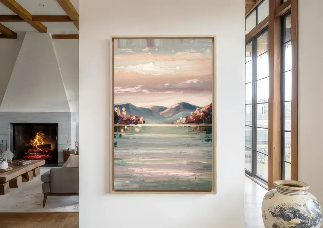 Burlington Lake Champlain Serenity canvas wall art in a living room with a fireplace