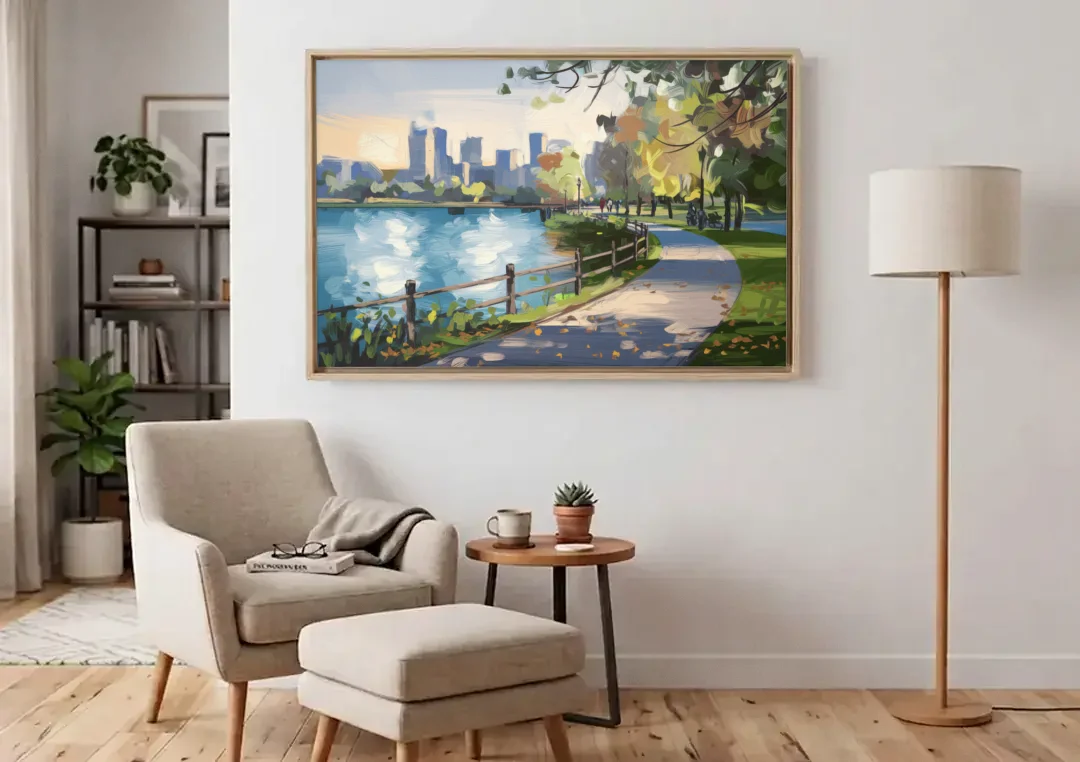 Burlington Lakefront Pathways canvas wall art above an armchair in a bright living room