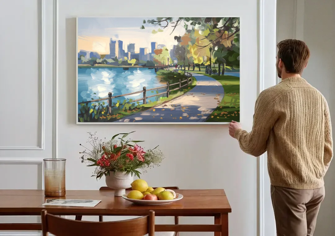 Burlington Lakefront Pathways canvas wall art above a dining table