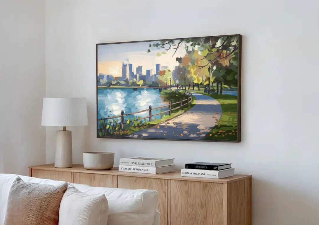 Burlington Lakefront Pathways canvas wall art above a wooden sideboard next to a sofa