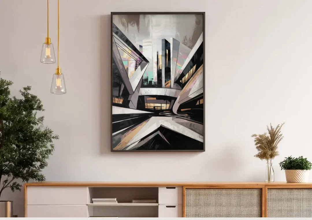 Burlington Modern Architecture canvas wall art above a wooden sideboard under pendant lights
