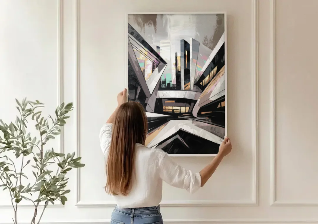 Burlington Modern Architecture canvas wall art being hung on a paneled wall