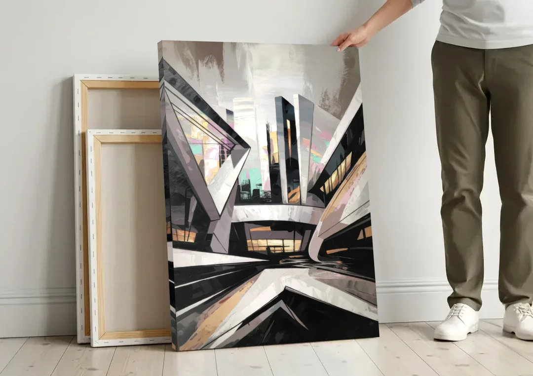 Burlington Modern Architecture canvas wall art leaning against a wall next to blank canvases