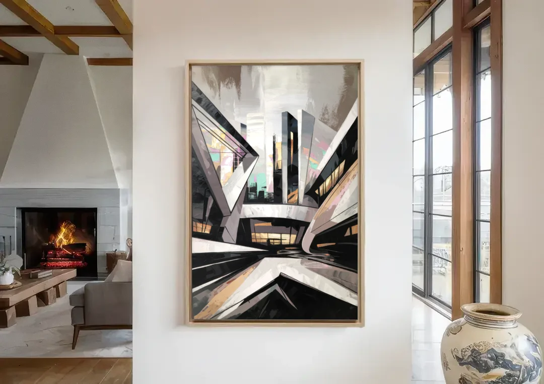 Burlington Modern Architecture canvas wall art in a living room with a fireplace