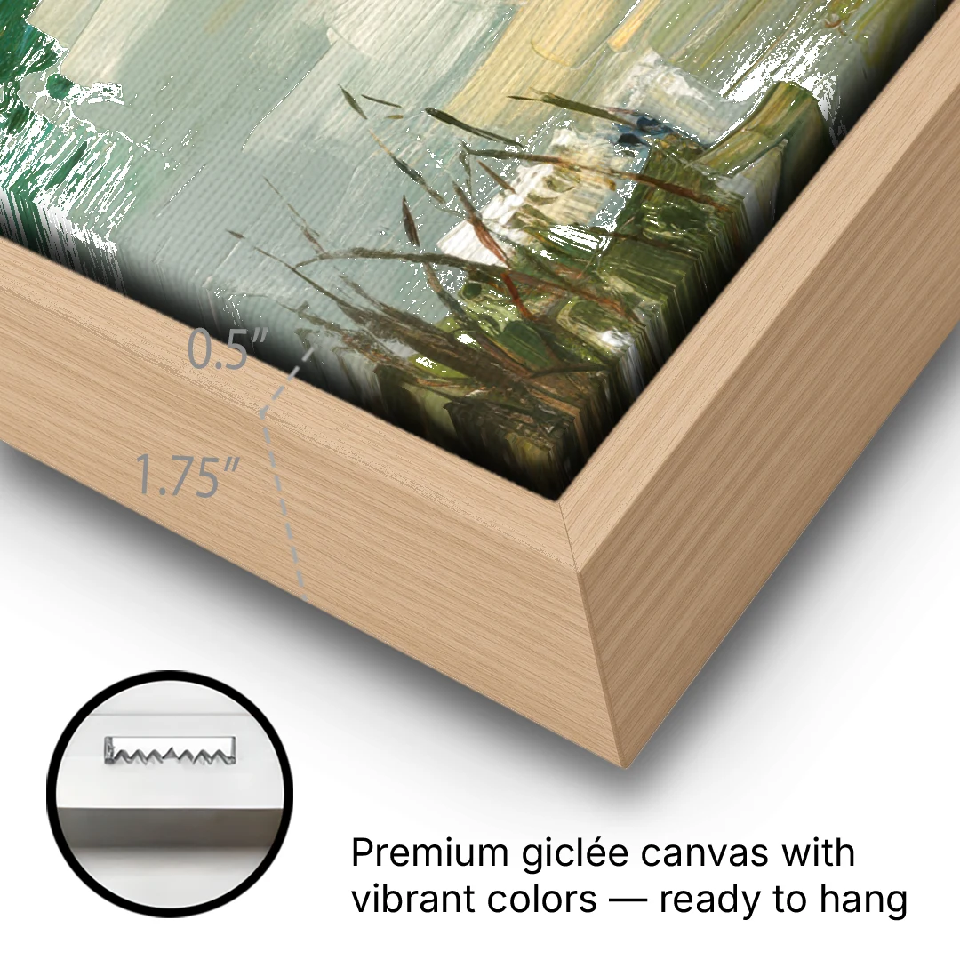 Burlington Peaceful Lakeside - Oak Framed Canvas Wall Art - Gallery Wrap Corner