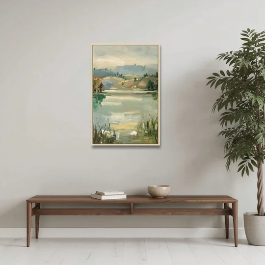 Burlington Peaceful Lakeside - Oak Framed Canvas Wall Art - Coffee Table - 24x36