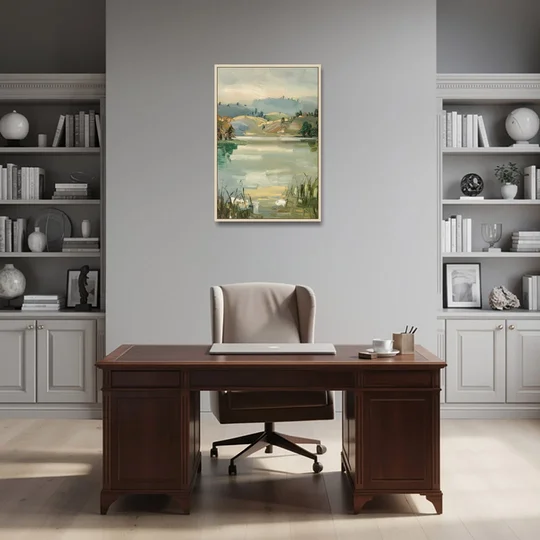 Burlington Peaceful Lakeside - Oak Framed Canvas Wall Art - Office - 24x36