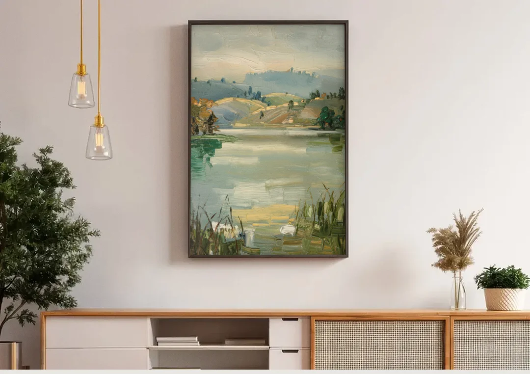 Burlington Peaceful Lakeside canvas wall art above a wooden sideboard under pendant lights