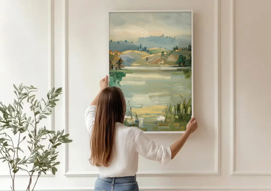 Burlington Peaceful Lakeside canvas wall art being hung on a paneled wall