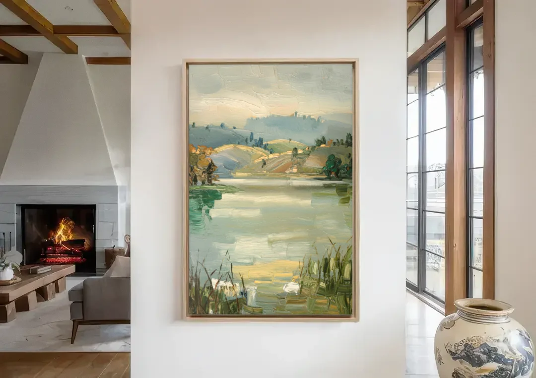 Burlington Peaceful Lakeside canvas wall art in a living room with a fireplace