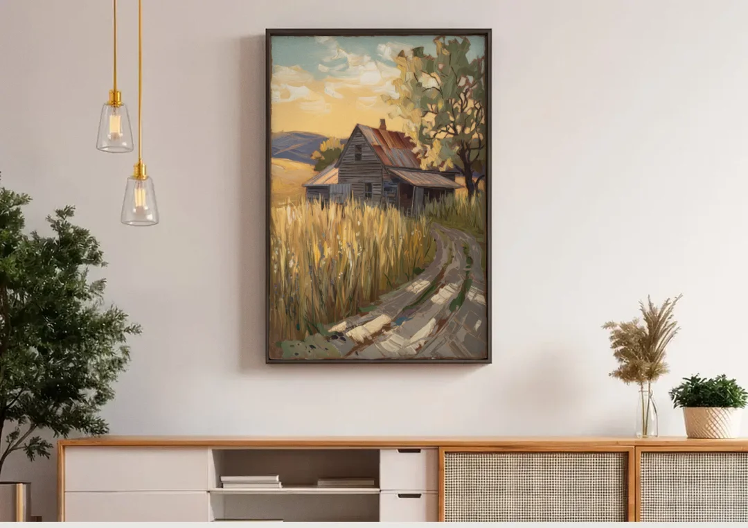 Burlington Rustic Charm canvas wall art above a wooden sideboard under pendant lights