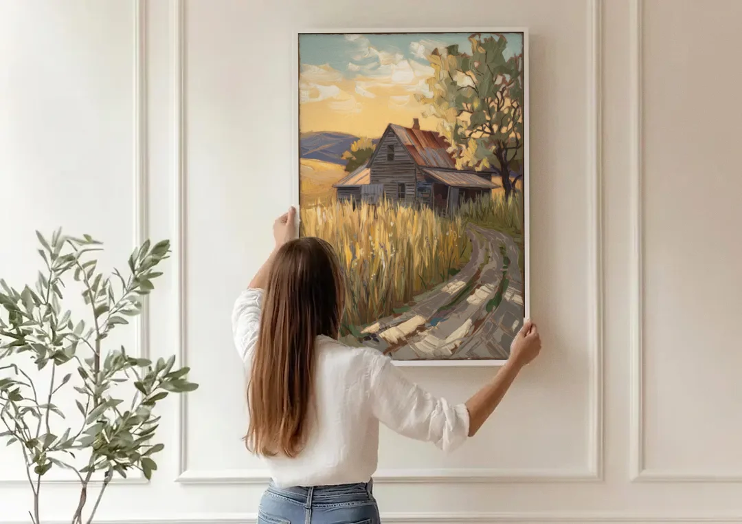 Burlington Rustic Charm canvas wall art being hung on a paneled wall
