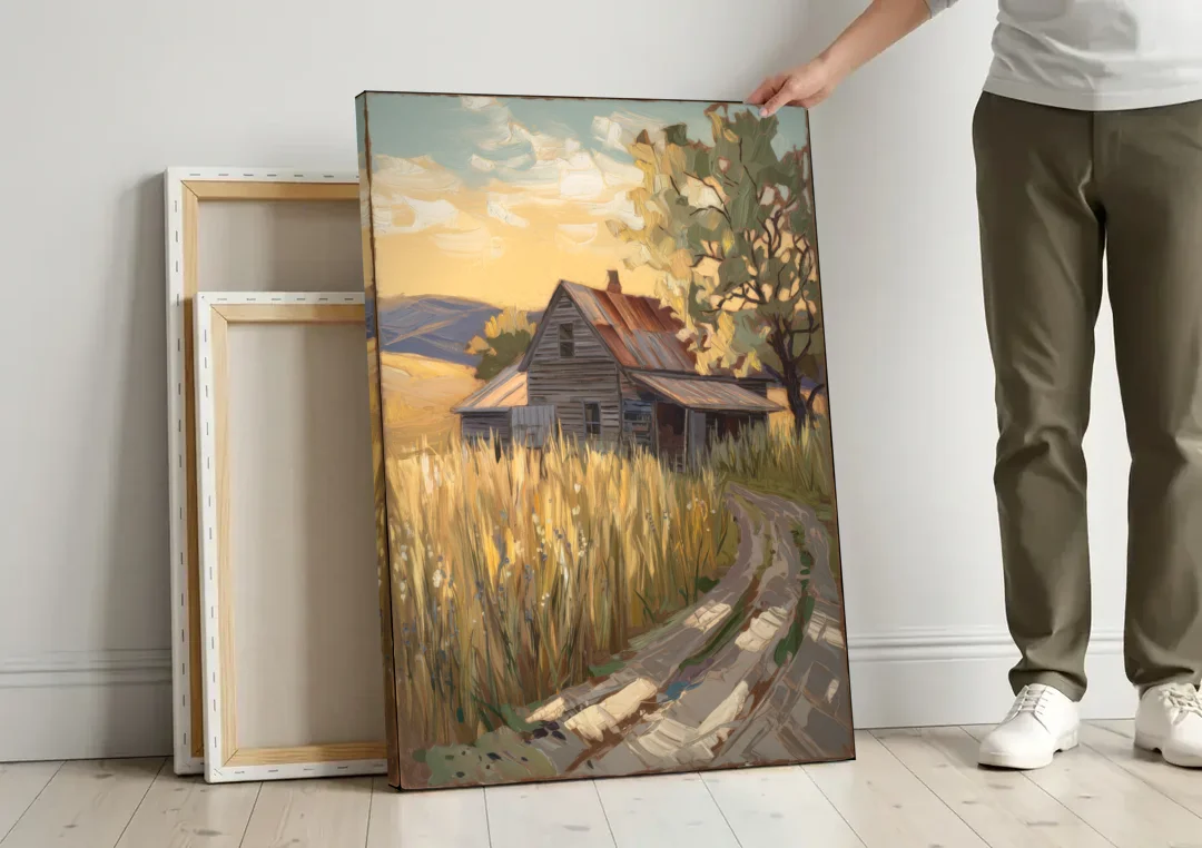 Burlington Rustic Charm canvas wall art leaning against a wall next to blank canvases