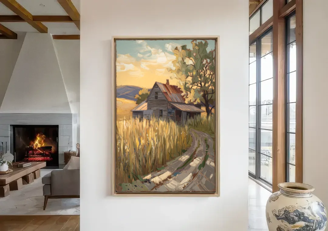 Burlington Rustic Charm canvas wall art in a living room with a fireplace