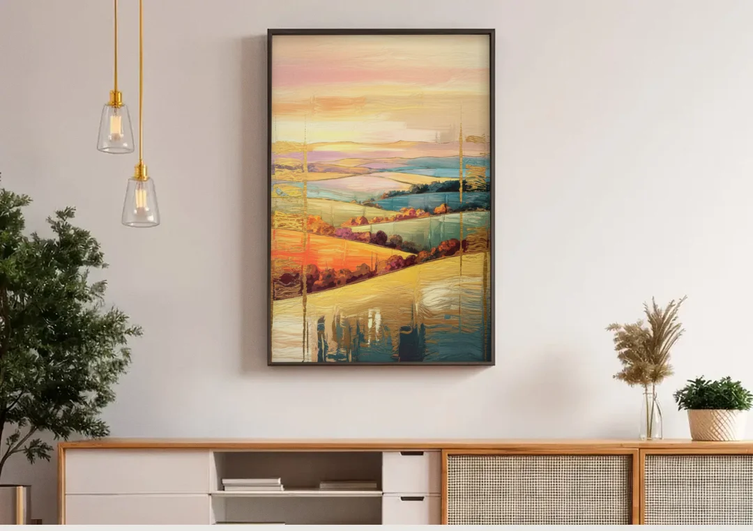 Burlington Scenic Horizons canvas wall art above a wooden sideboard under pendant lights