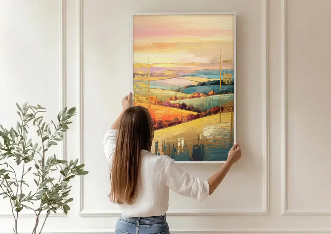 Burlington Scenic Horizons canvas wall art being hung on a paneled wall