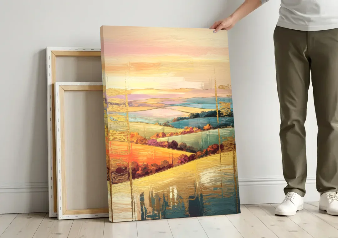 Burlington Scenic Horizons canvas wall art leaning against a wall next to blank canvases