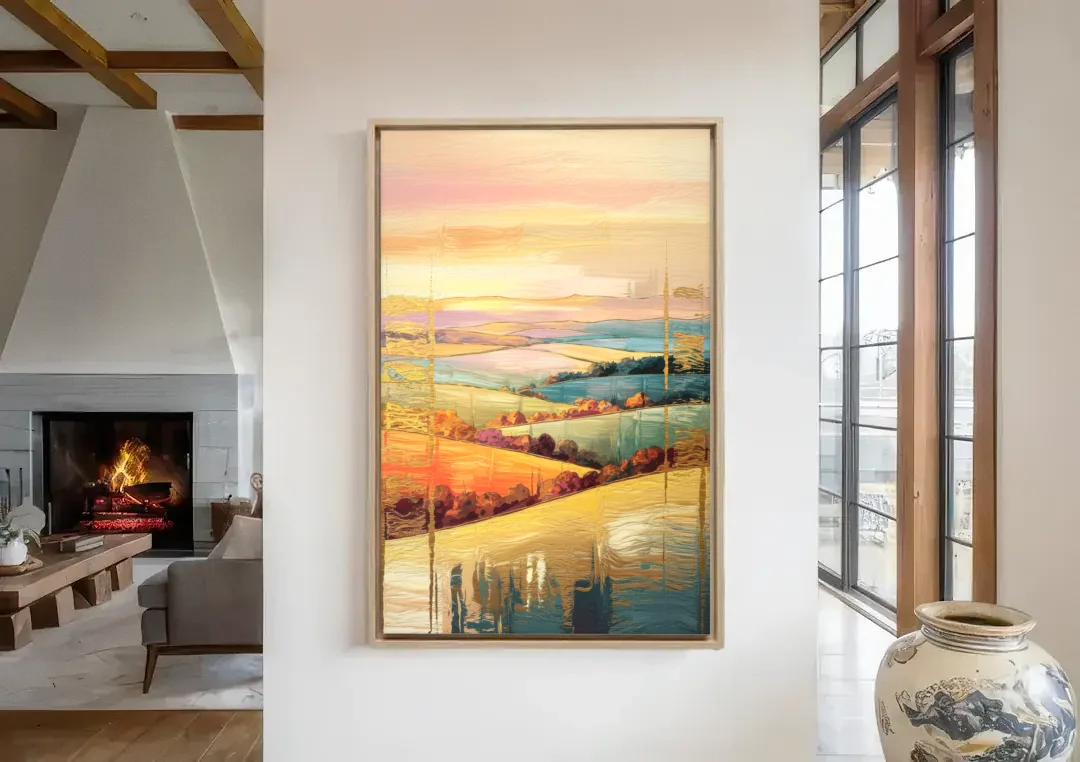 Burlington Scenic Horizons canvas wall art in a living room with a fireplace