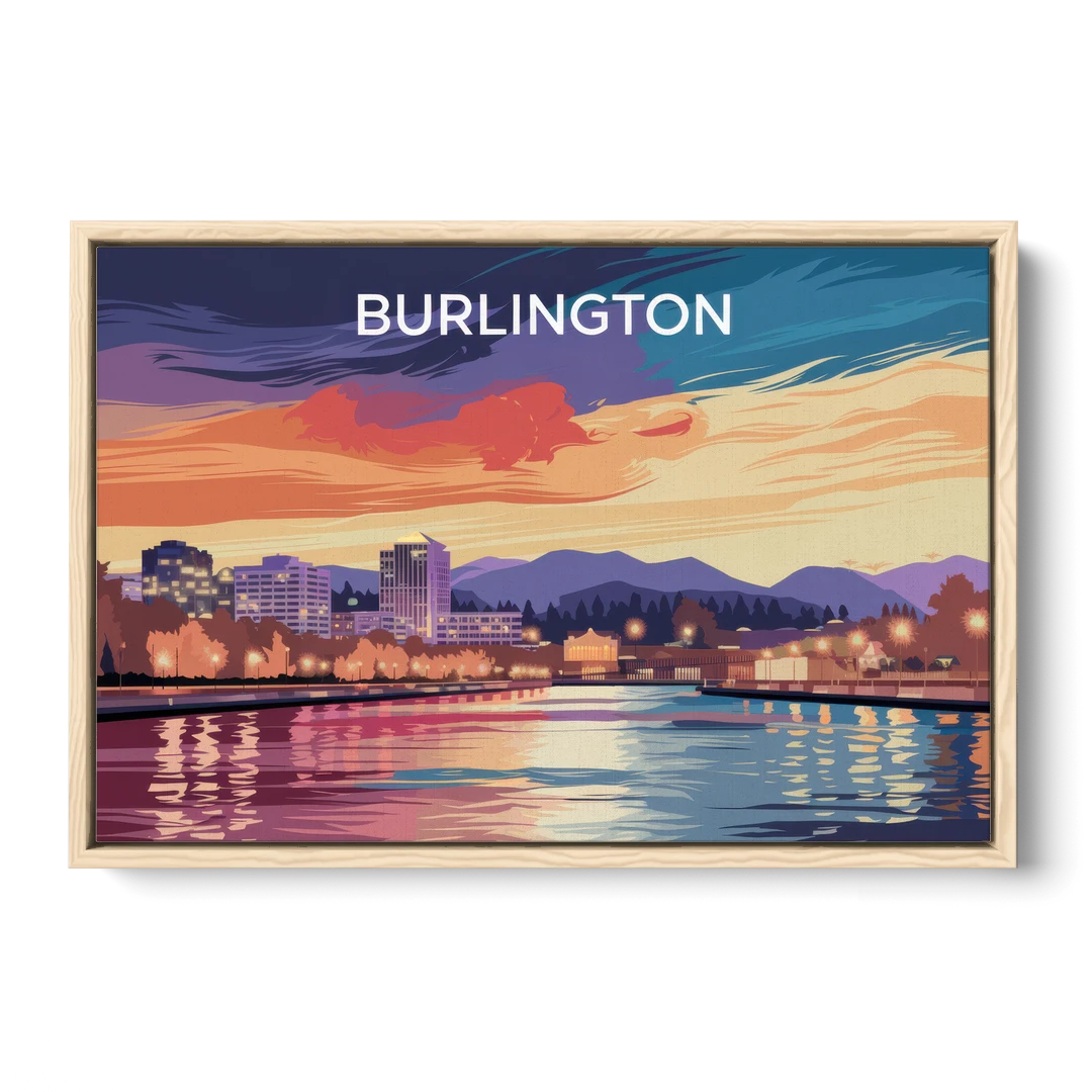 Burlington Skyline At Sunset - Oak Framed Canvas Wall Art - Front