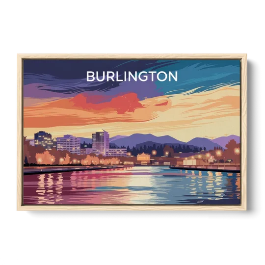 Burlington Skyline At Sunset - Oak Framed Canvas Wall Art - Front